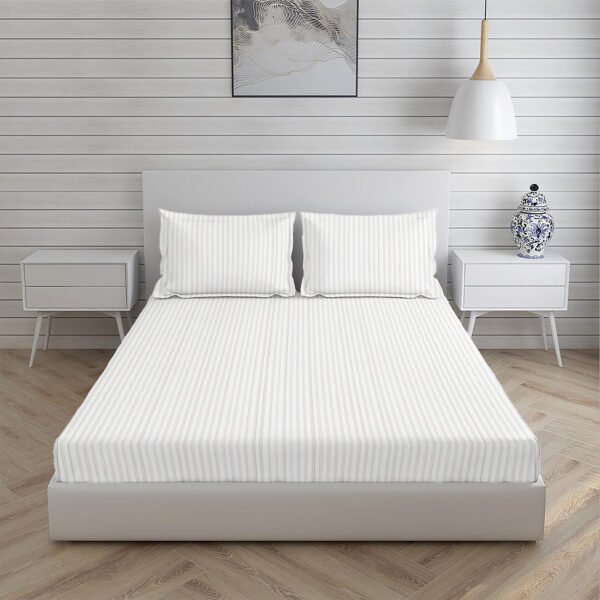 Home Stuff Since 1994 | 100% Solid Strip Cotton | 300 TC Hotel Strip Queen Size Bedsheet for Double Bed with 2 Pillow Cover (Bed Sheet - 108 x 108 Inch) (Pillow Cover - 18 X 28 Inch) (Color - WHITE) - Image 3