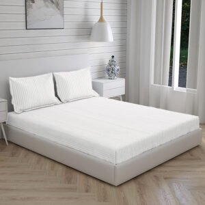 Home Stuff Since 1994 | 100% Solid Strip Cotton | 300 TC Hotel Strip Queen Size Bedsheet for Double Bed with 2 Pillow Cover (Bed Sheet - 90 x 100 Inch) (Pillow Cover - 17 X 27 Inch) (Color - White)