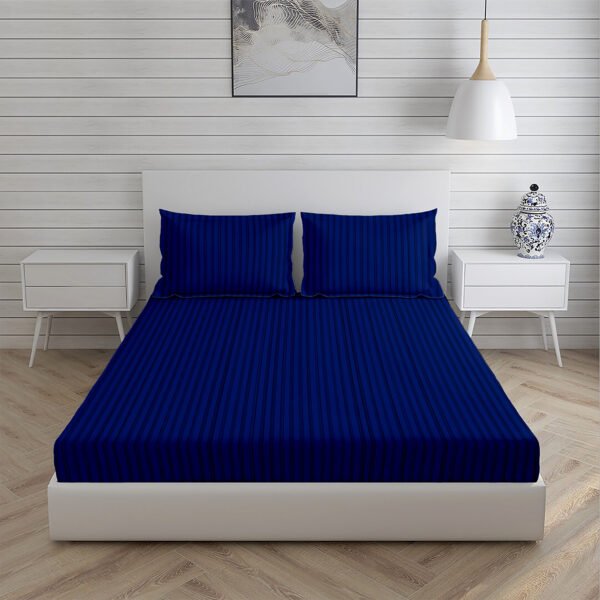 Home Stuff Since 1994 | 100% Solid Strip Cotton | 300 TC Hotel Strip Queen Size Bedsheet for Double Bed with 2 Pillow Cover (Bed Sheet - 90 x 100 Inch) (Pillow Cover - 17 X 27 Inch) (Color - Blue) - Image 3