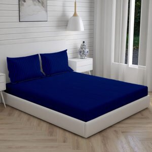Home Stuff Since 1994 | 100% Solid Strip Cotton | 300 TC Hotel Strip Queen Size Bedsheet for Double Bed with 2 Pillow Cover (Bed Sheet - 90 x 100 Inch) (Pillow Cover - 17 X 27 Inch) (Color - Blue)