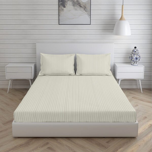 Home Stuff Since 1994 | 100% Solid Strip Cotton | 300 TC Hotel Strip Queen Size Bedsheet for Double Bed with 2 Pillow Cover (Bed Sheet - 90 x 100 Inch) (Pillow Cover - 17 X 27 Inch) (Color - Beige) - Image 3