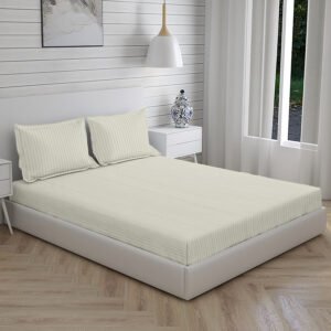 Home Stuff Since 1994 | 100% Solid Strip Cotton | 300 TC Hotel Strip Queen Size Bedsheet for Double Bed with 2 Pillow Cover (Bed Sheet - 90 x 100 Inch) (Pillow Cover - 17 X 27 Inch) (Color - Beige)