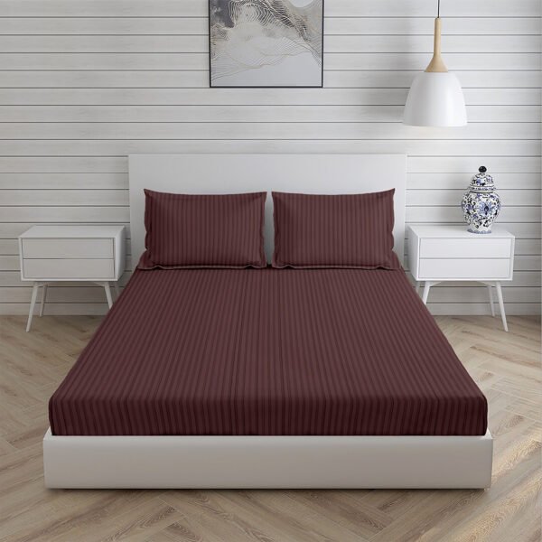 Home Stuff Since 1994 | 100% Solid Strip Cotton | 300 TC Hotel Strip Queen Size Bedsheet for Double Bed with 2 Pillow Cover (Bed Sheet - 90 x 100 Inch) (Pillow Cover - 17 X 27 Inch) (Color - Coffee) - Image 3