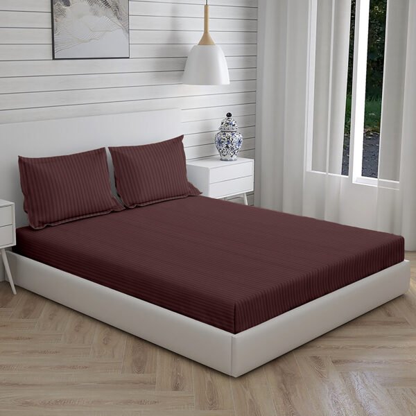Home Stuff Since 1994 | 100% Solid Strip Cotton | 300 TC Hotel Strip Queen Size Bedsheet for Double Bed with 2 Pillow Cover (Bed Sheet - 90 x 100 Inch) (Pillow Cover - 17 X 27 Inch) (Color - Coffee)